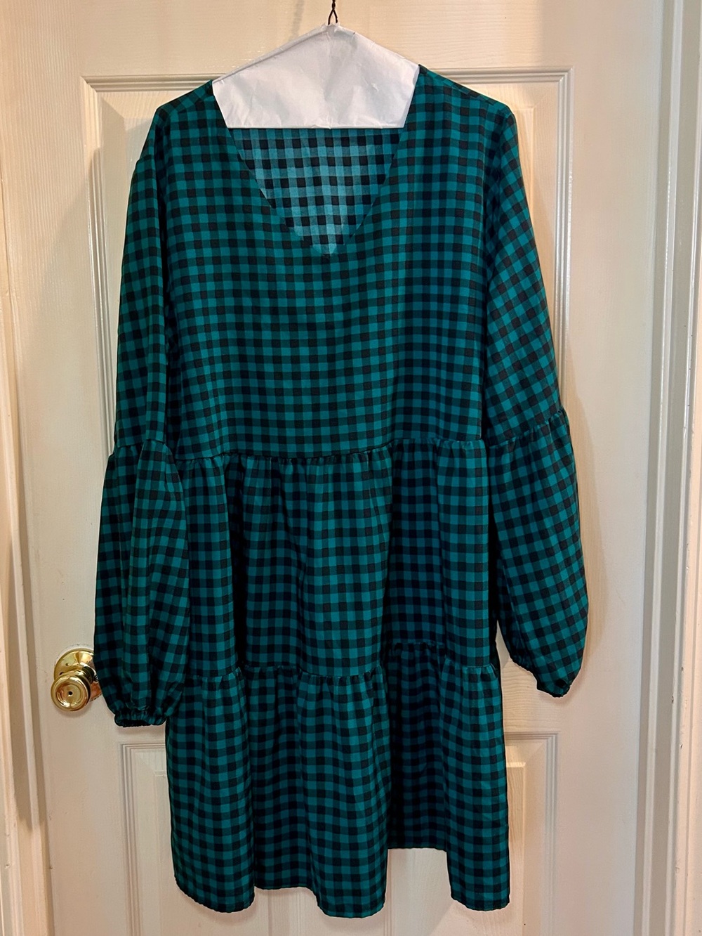 Women’s Teal and Black Checkered Tiered Dress